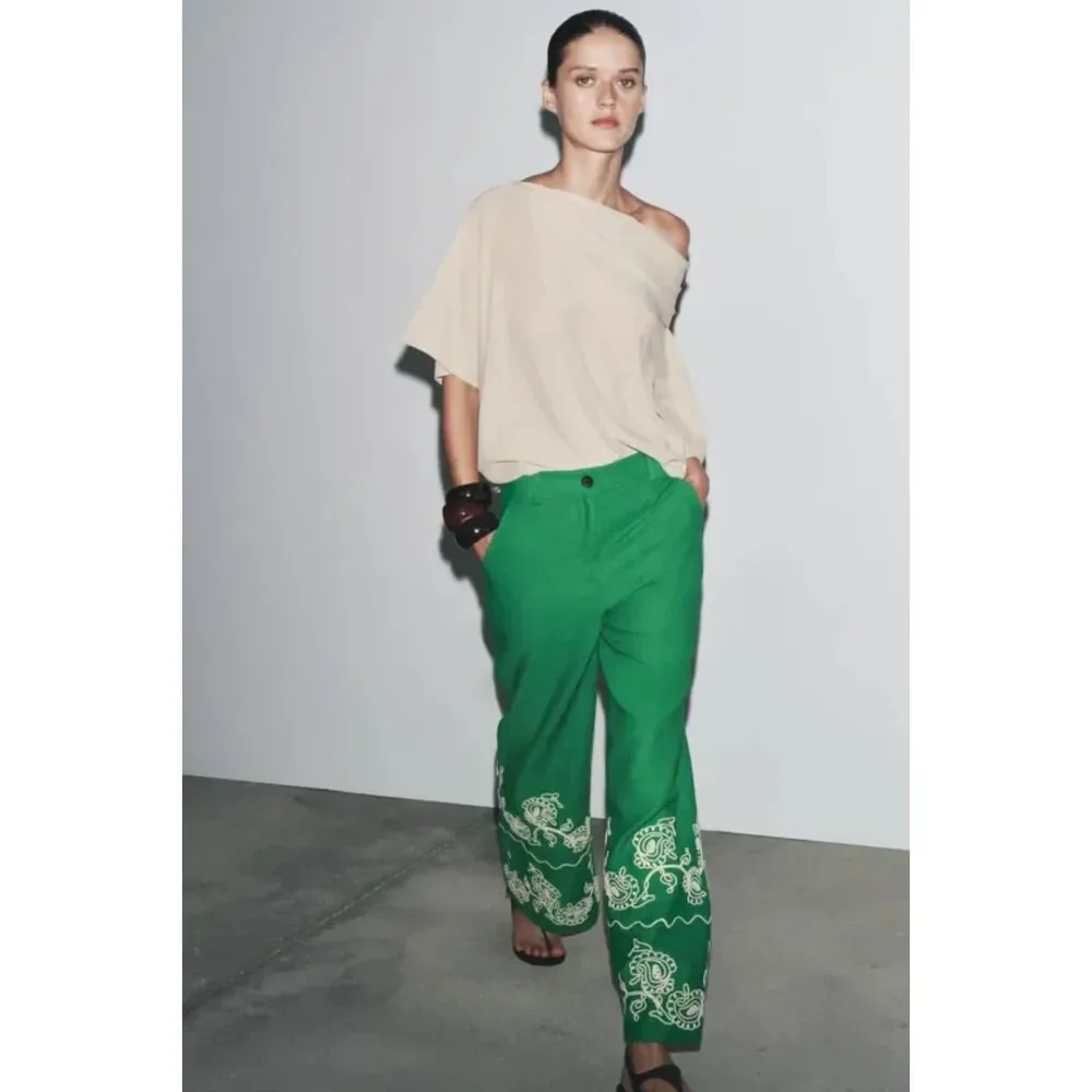 Zara Green White Linen-Blend Embroidered Flat Front Wide Leg Pants (NWT)